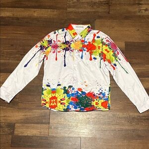 Ding Ge Fu Shi All Gender Colorful Paint Splatter Button-Up Shirt Size M